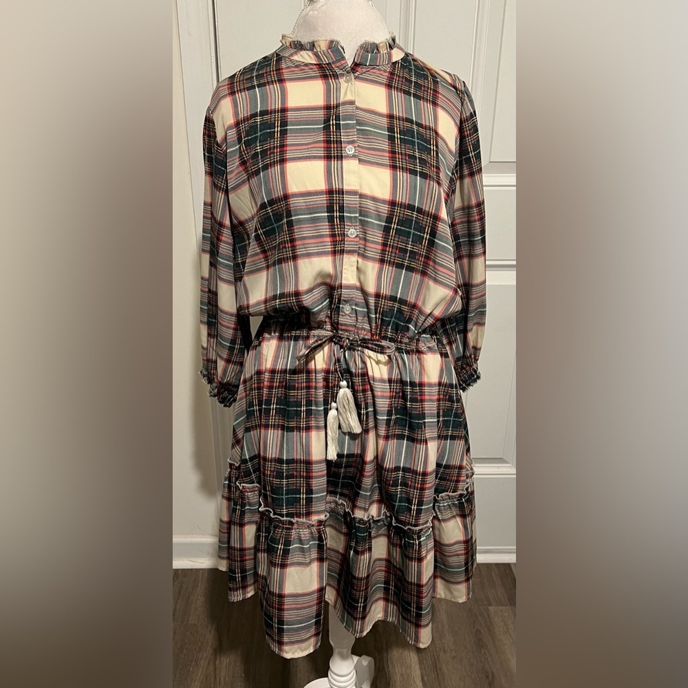 Simply Southern 1/2 button down long sleeve Red Beige & Green Plaid dress Size M